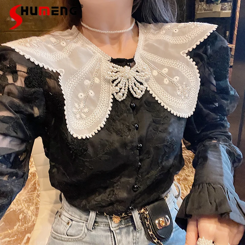 

European New Ladies Fashion Simple Shirt New Women's 2022 Spring Elegant Solid Color Top French Style High Street Beading Shirt