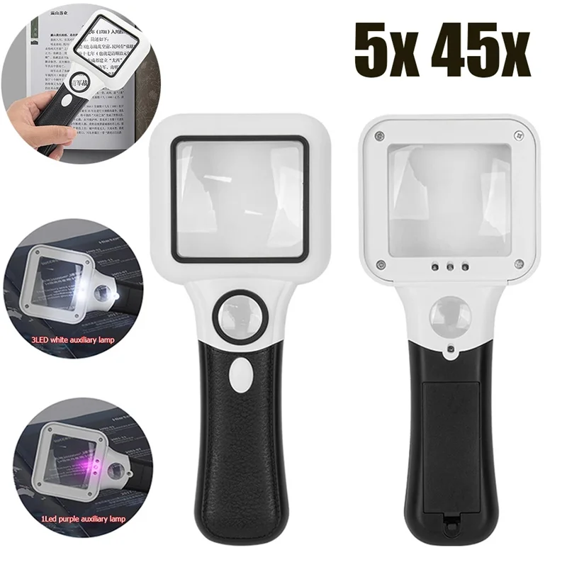 

Handheld 5x 45x Illuminated Lighted Magnifier with 3 LED+UV Lamp Reading Magnifying Glass Jewelry Banknote Inspection Magnifier