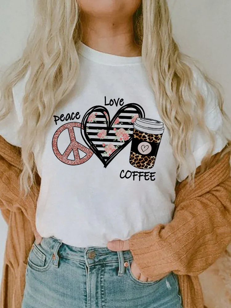 

Футболка Peace Love Coffee для женщин, милые белые футболки с героями мультфильмов, женская осенняя одежда, футболки с коротким рукавом, топы, женск...
