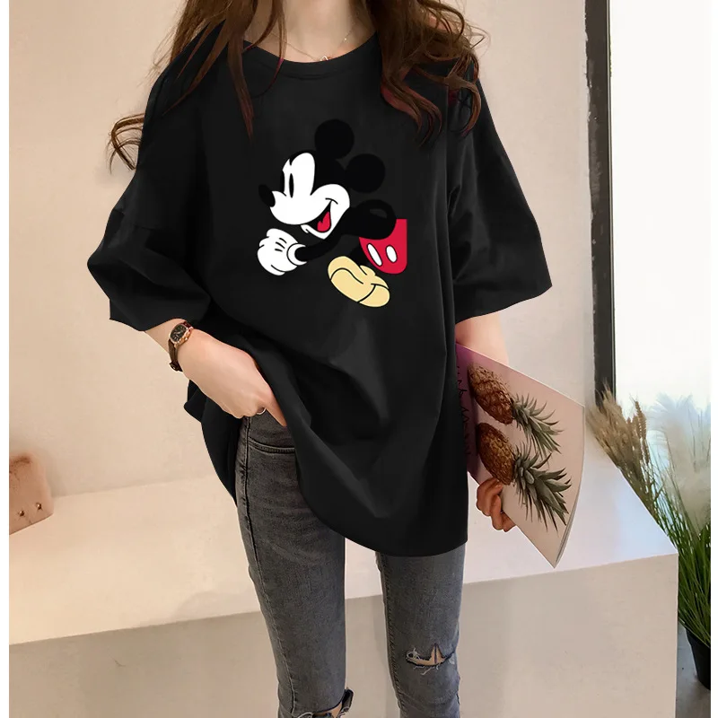 

Женская футболка с коротким рукавом Eomen, свободная Тонкая Повседневная футболка средней длины с принтом Микки Мауса, большие размеры, лето ...