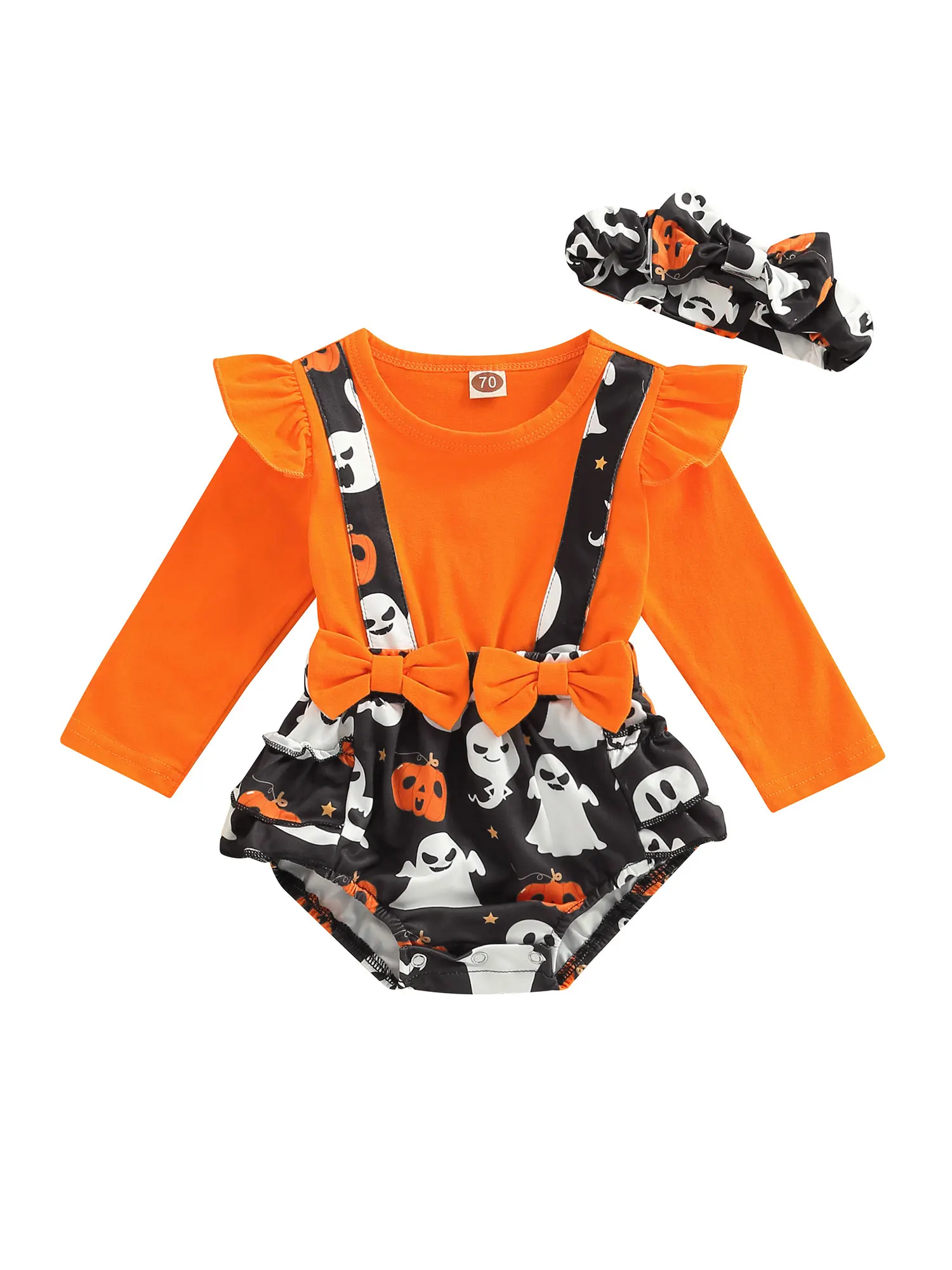 

Caoirhny Baby Girls Halloween Romper Clothes Fake Two Piece Patchwork Long Sleeve Bows Cartoon Pattern Print Jumpsuit with