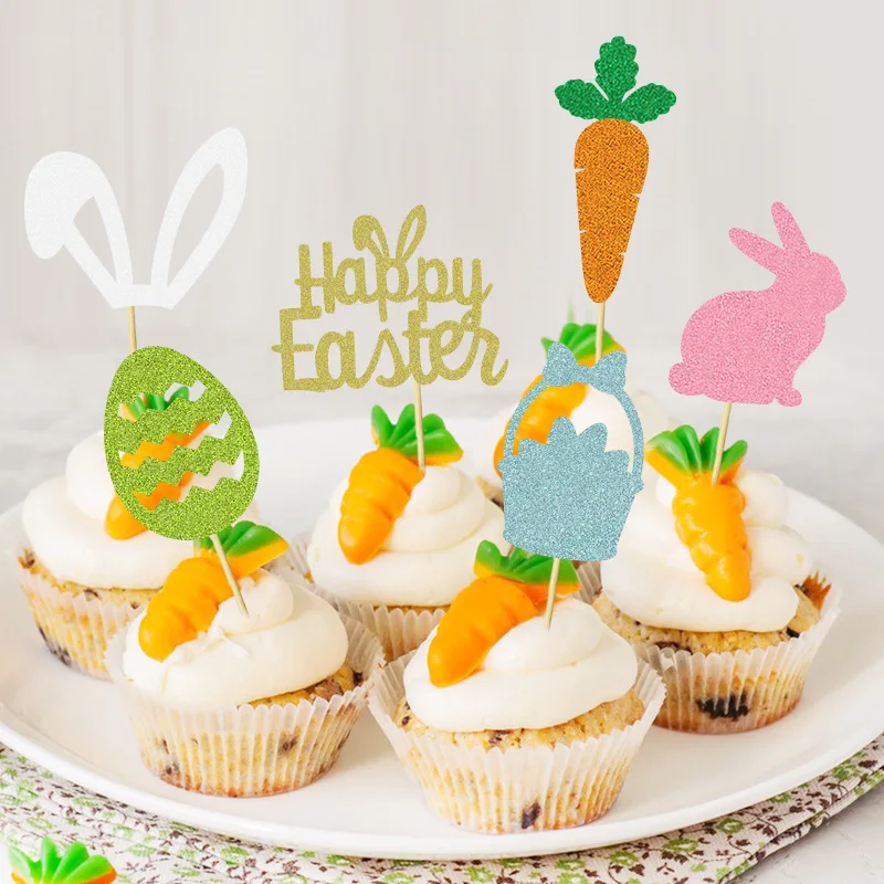 

12pcs Happy Easter Egg Rabbit Carrot Cupcake Toppers 2023 Easter Party Decoration Basket Bunny Cake Topper Flag Kids Gift Favor