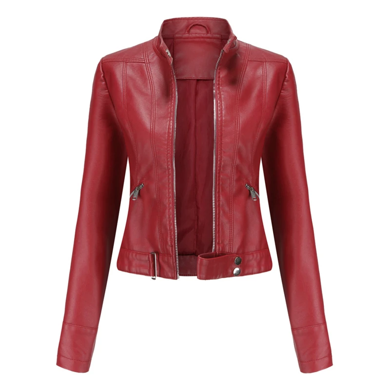 

Fashion Women's Faux Leather Long Sleeve Stand-Up Collar Zipper Stitching Solid Colors Motorcycle Slim Fit Jacket Outerwear