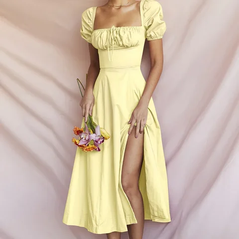 Женское однотонное платье на завязках, модное платье с французскими рукавами-фонариками и разрезом, весна-лето 2024