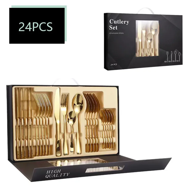 

24PCS Stainless Steel Dinnerware Set Black Gold Cutlery Spoon Fork Knife Western Cutleri Silverware tableware Set Supplies