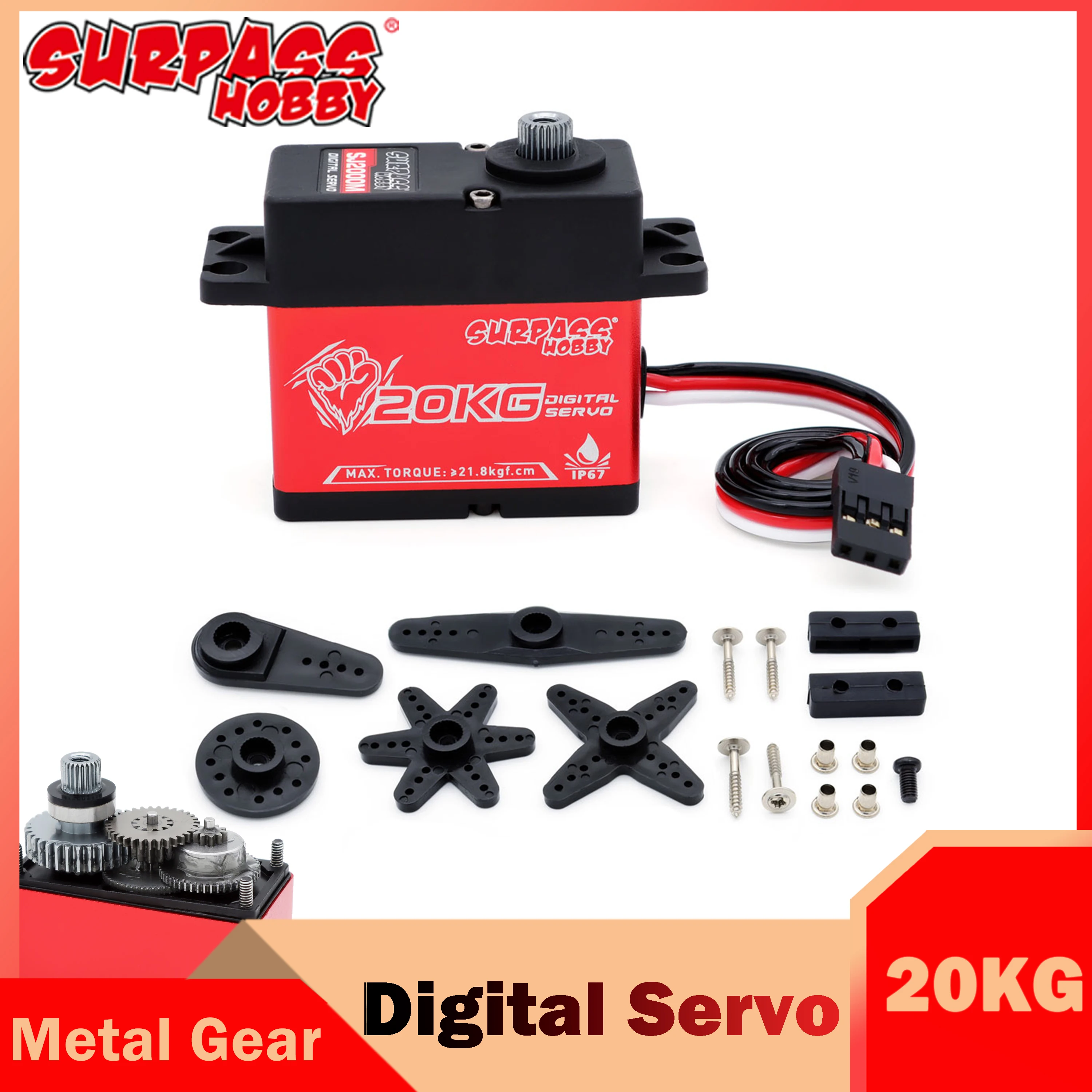 Водонепроницаемый сервопривод Surpass Hobby 20 кг, цифровая металлическая шестерня, полуалюминиевая рама для радиоуправляемого автомобиля, робота, лодки, дрона с фиксированным крылом, Игрушечная модель