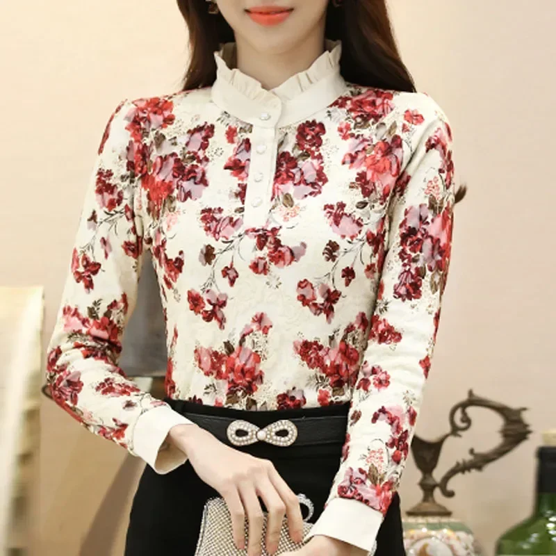 Новая женская блузка с длинным рукавом и рюшами бархатная утепленная принтом