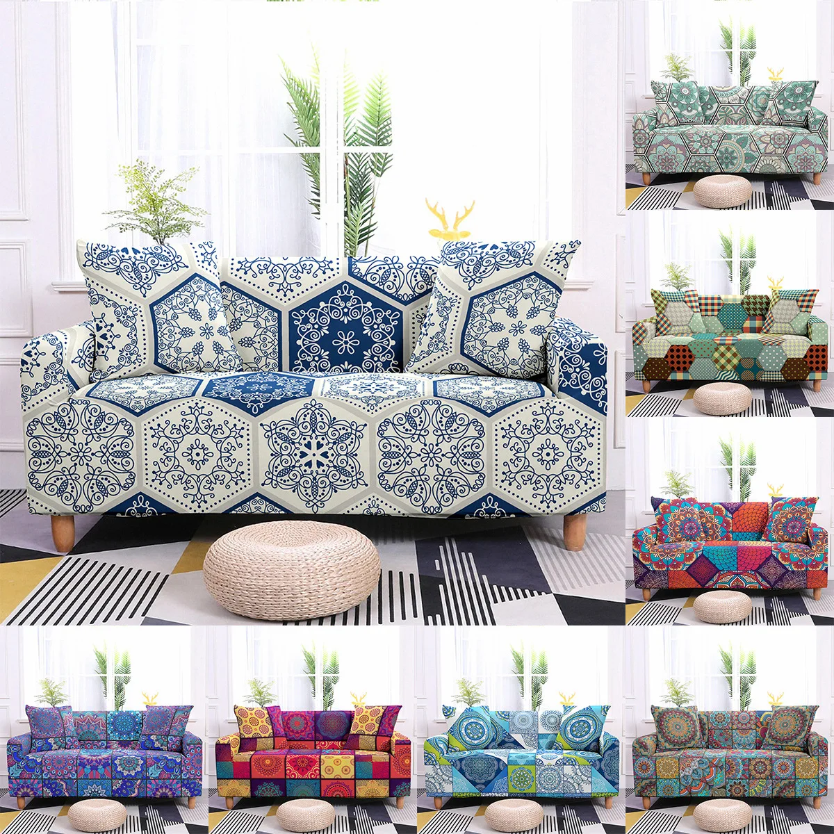 

Geometric Sofa Cover for Living Room Mandala Stretch Slipcovers Sectional Couch Cover 1/2/3/4 Seater Funda De Sofá L Shape Sofa