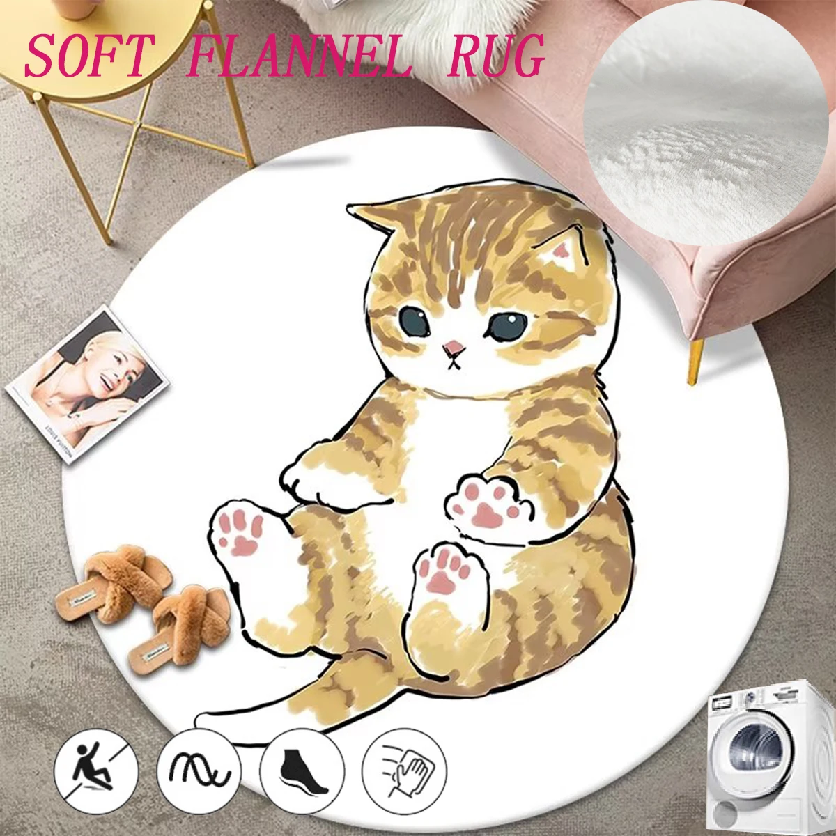 

Kawaii Cat Rugs for Bedroom Soft Non-slip Nursery Room Rug Round Flannel Bedside Mat Cute Cartoon Children's Room Decor Carpet