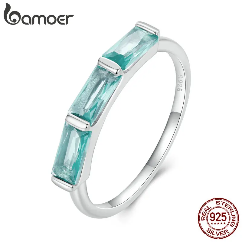 

Bamoer 925 Sterling Silver Light Green Square Zircon Finger Ring Simple Fashion Rings for Women Anniversary Birthday Gift BSR329
