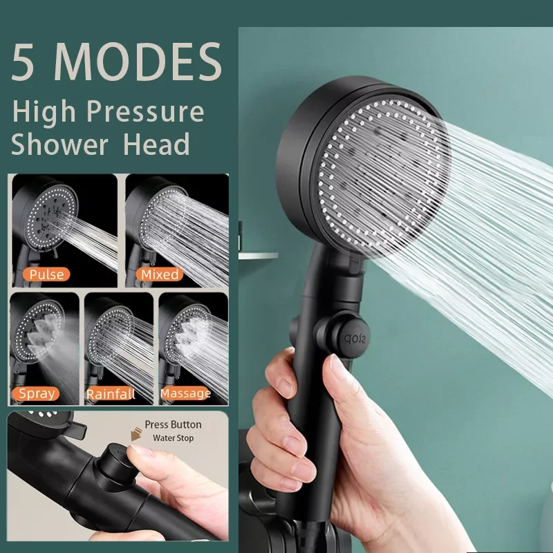 

2023NEW 5 Modes Water Saving Shower Head Black Adjustable High Pressure Shower One-key Stop Water Massage Shower Head For Bathr