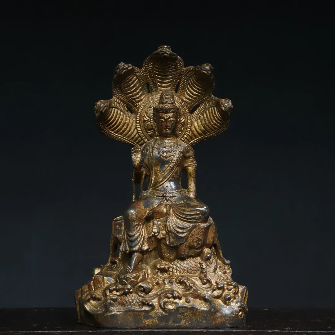 

10"Tibet Temple Collection Old Bronze Cinnabar Gilded Nagarjuna Five headed Snake Backlight Sitting Buddha Worship Hall