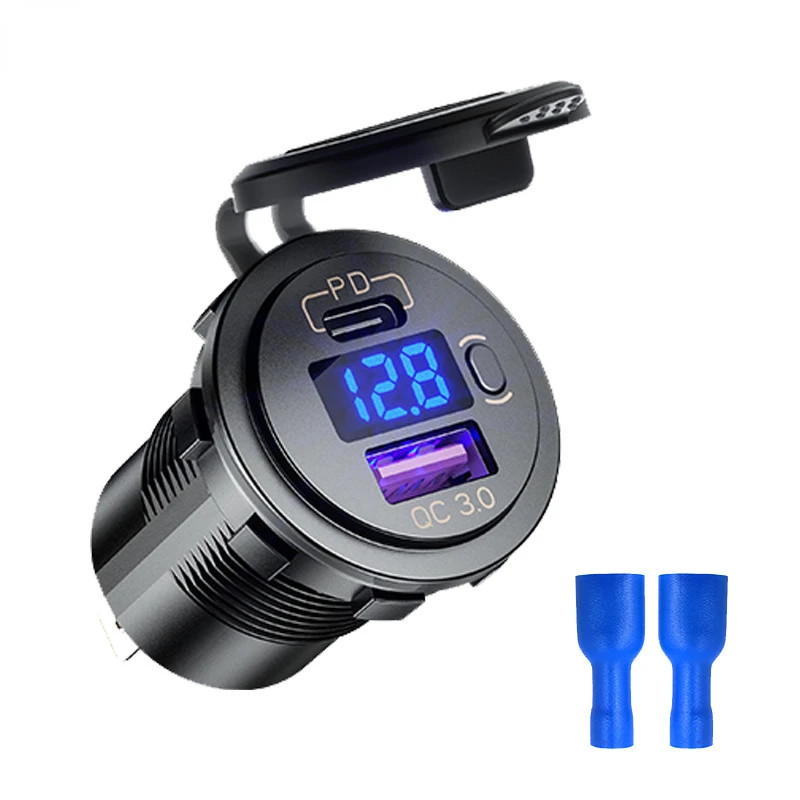 

12/24V Aluminium Metal 36W QC3.0 Dual USB Car Motor Charger Socket Waterproof with Voltmeter Switch Fast Quick Charge Adapter