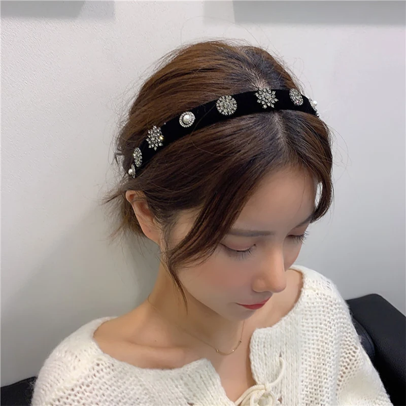 

Korean Star Snowflake Rhinestone Headbands for Women Female Black Velvet Pearl Hairbands Makeup Bezel Hair Hoop Hair Accessories