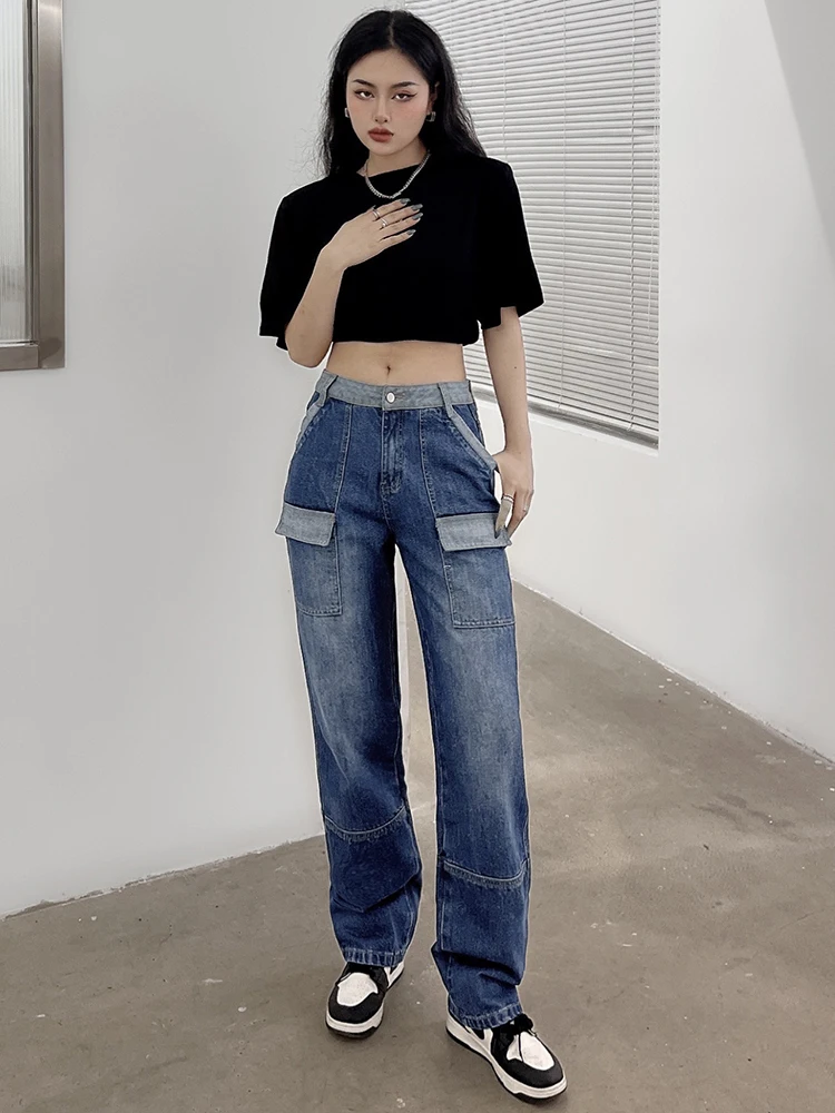 WeiYao Hig Street Pockets Patchwork Denim Cargo Jeans Women Straight Leg Streetwear Vintage Mom Jeans Womens Aesthetic Blue