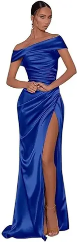 Женское длинное вечернее платье, атласное элегантное платье с открытыми плечами и высоким разрезом, оборками, оборками и талией, сексуальное платье для выпускного вечера, 2024