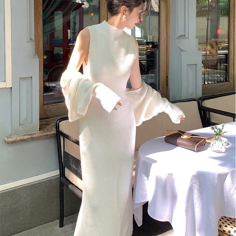 

2023 Autumn/Winter Knitted Dress ins Elegant Fit Set Cardigan Dress Women's Solid Color Sexy Coat Dress Two Piece Set