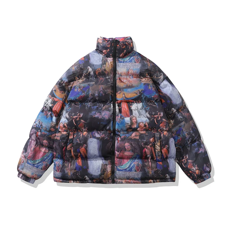 Hip Hop Harajuku Oversize Padded Jackets Coat Printed Down Jacket Coat Men Winter Cotton Outwear Parka Front Reverse Wearable