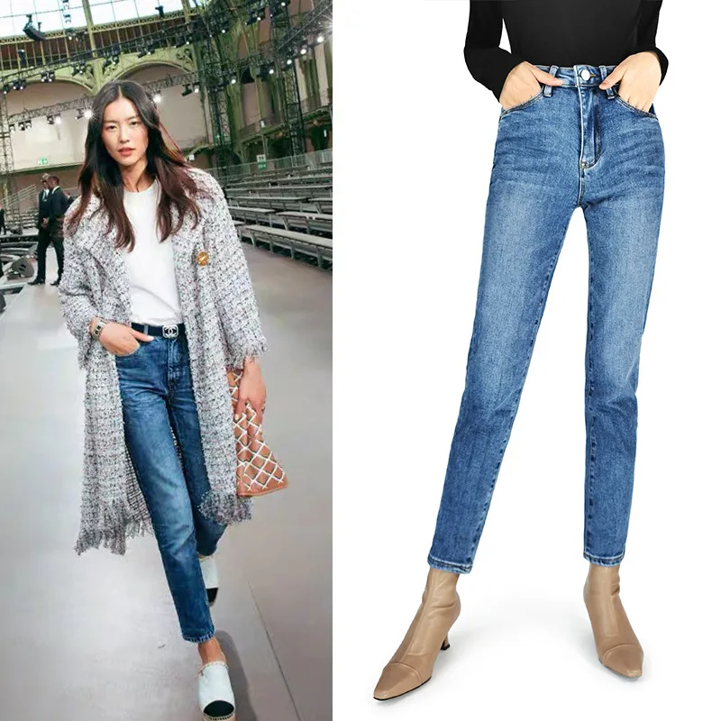 

Spring New Fashion Classic Brand Luxury Design Blue Small Straight Mid High Waist Stretch Skinny Versatile Slim Cropped Jeans F