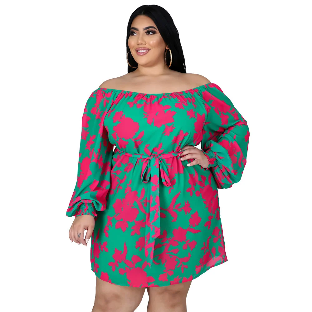 Plus Size Dresses for Women Clothing Sexy Loose Print Long Sleeve One Word Collar Mini Dress Whole 3xl 4xl 5xl 6xl