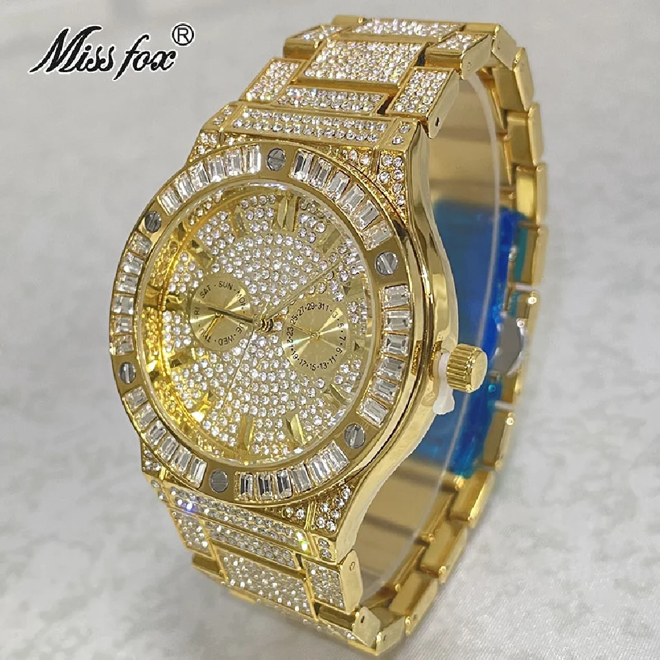 

MISSFOX Luxury Watch For Mens Gold Calendar Steel Waterprof Clocks Iced Out Diamond Fashion Quartz Wristwatch Gift Free Shipping