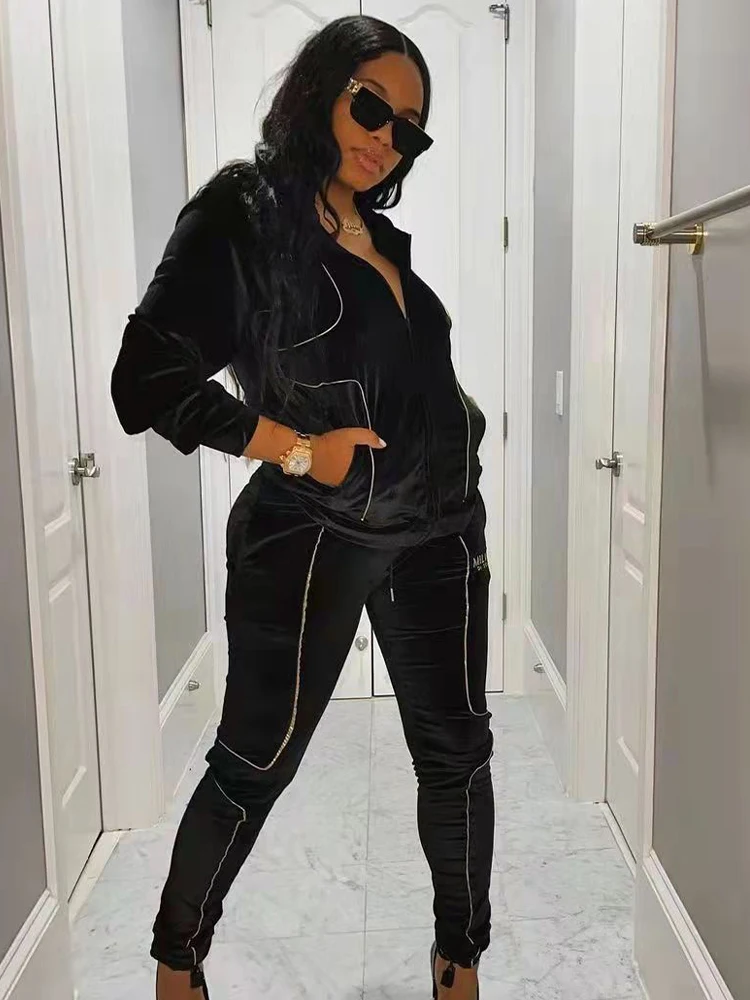 

Бархатные костюмы из двух предметов, осень-зима, свободного покроя, с длинным рукавом, на молнии, с высокой талией