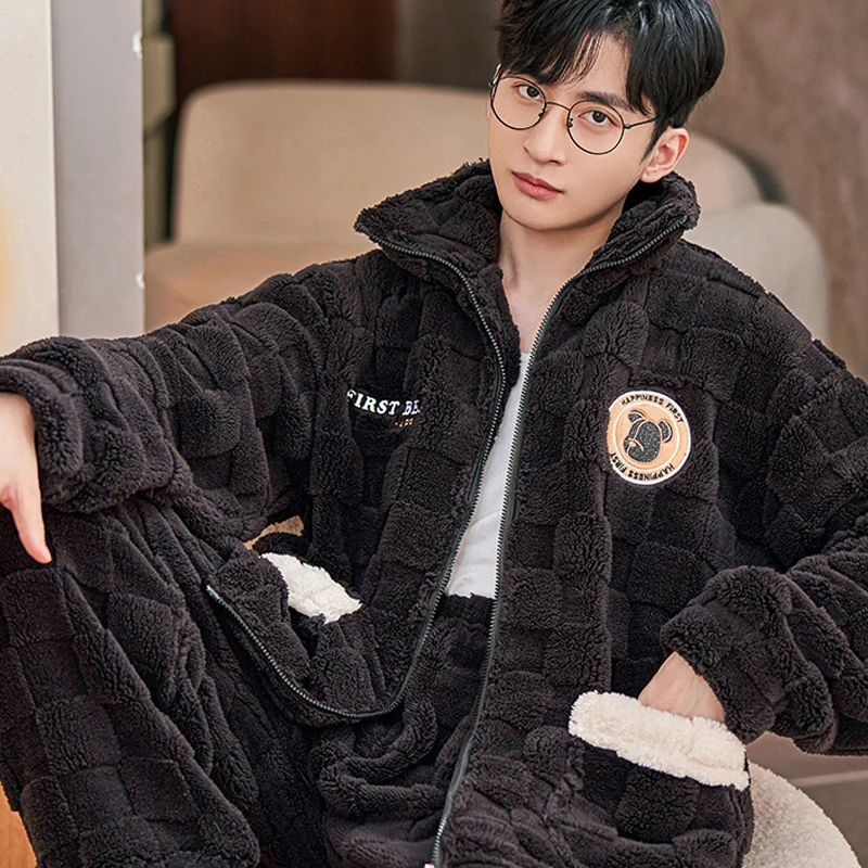 QUHENG Coral Fleece Pajamas Men Set Thicken Warm Autumn Winter Letter Zipper Home Clothes Suits Thick Warm Pijamas Sleepwear