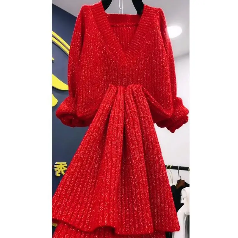 2022 Xmas Long-sleeved V-neck Knitted Red Dress Women Autumn Winter Fashion Casual Knitwear Elegant Office Lady Sweater Dresses
