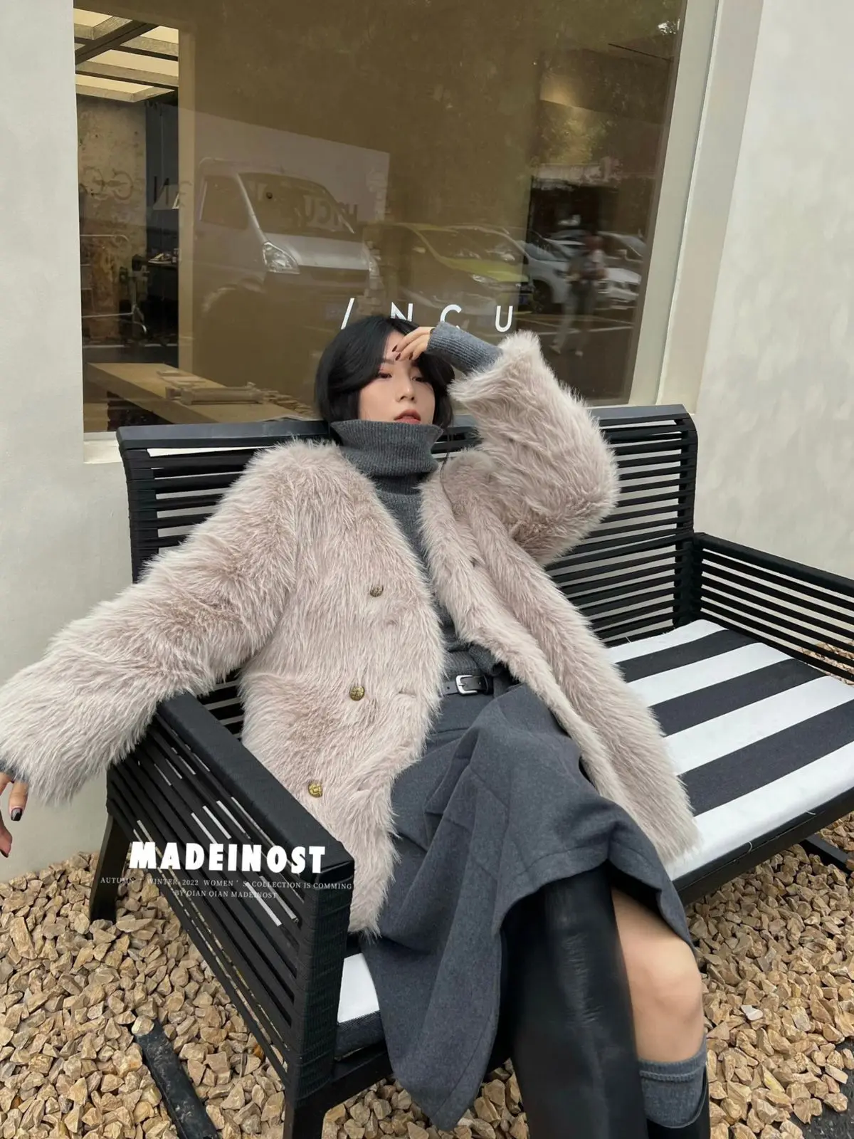 Autumn and Winter Simulation Fur Coat Women Wear and Take V Collar Long Hair Coat Solid Colour Temperament Double-breasted Top