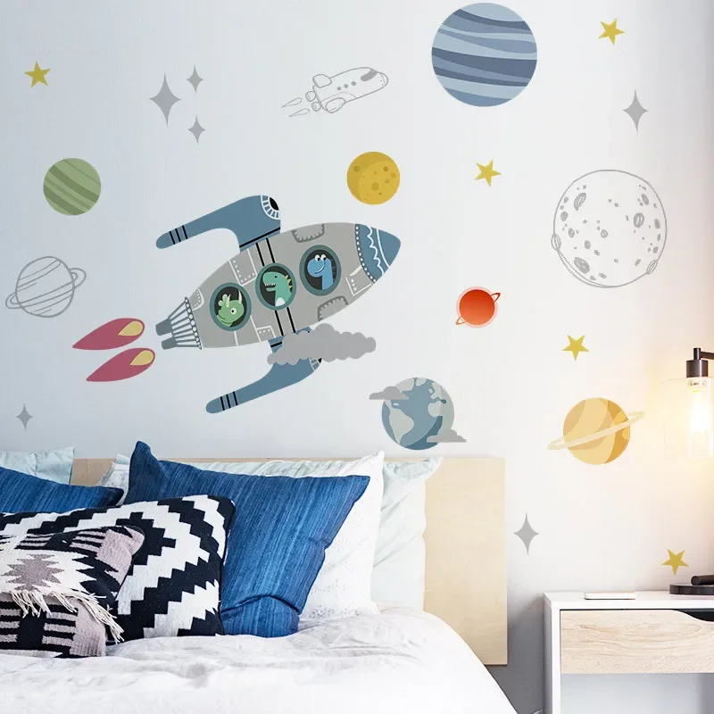 

Space Planet Wall Stickers Kids Room Kindergarten Wall Decoration PVC Cartoon Rocket Dinosaurs Astronaut Wall Decals Home Decor