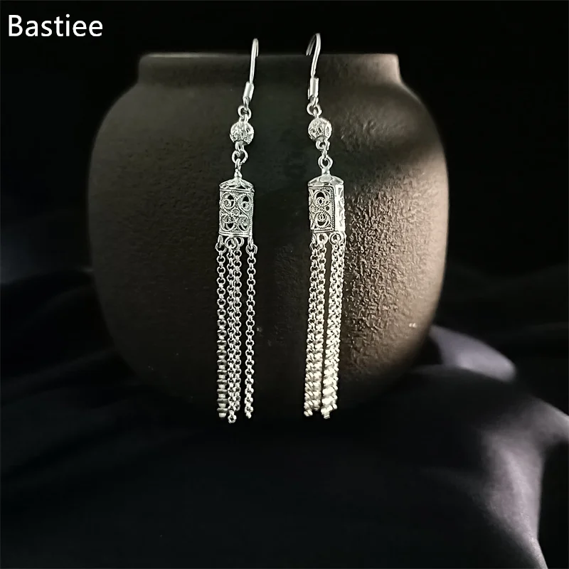 

Bastiee Mini Palace Lantern Tassel Long Eardrop Ancient Miao Handmade Jewelry 999 Sterling Silver Earrings for Women