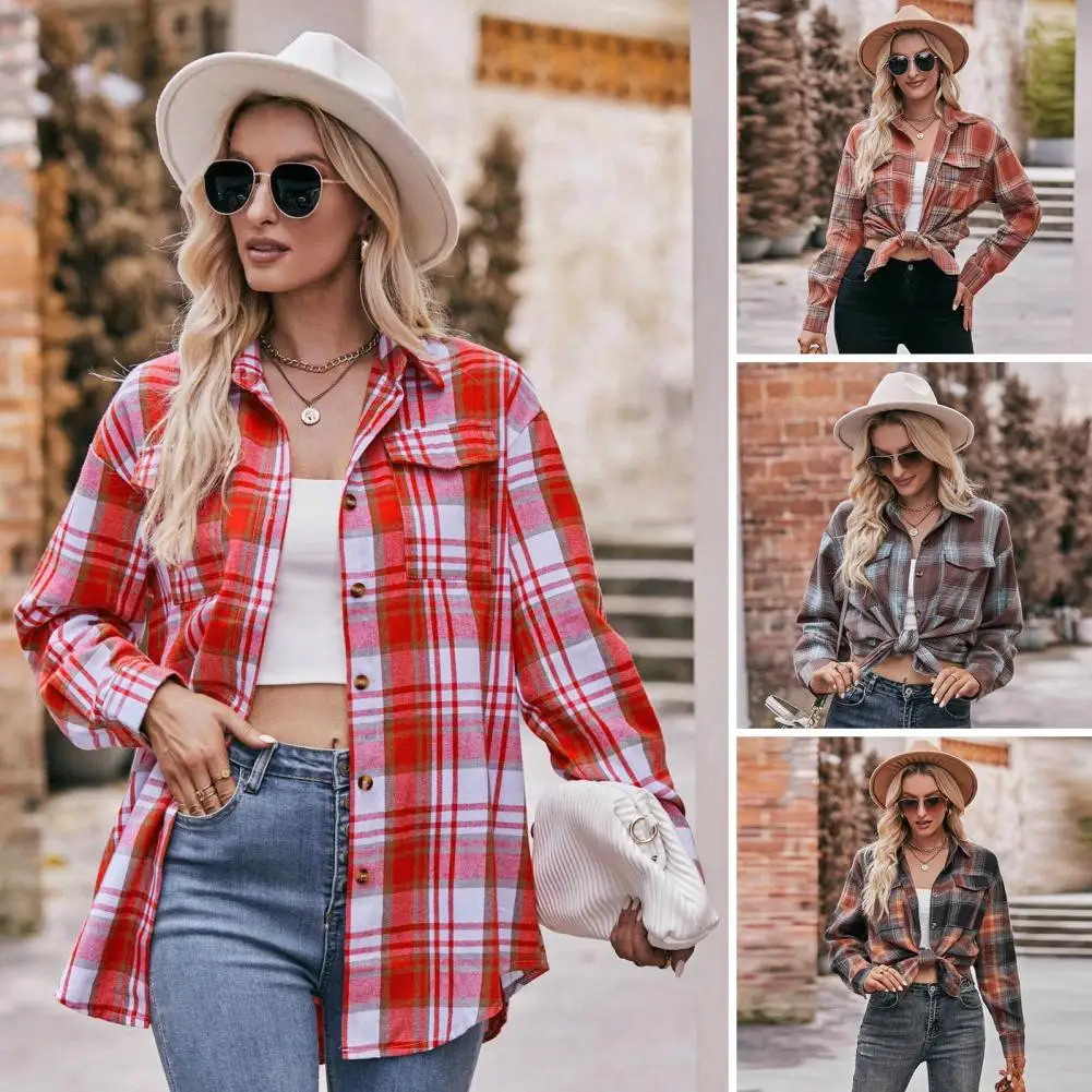 

Женская осенне-зимняя повседневная верхняя одежда с отложным воротником и длинными рукавами, однобортная клетчатая рубашка с карманами и откидным воротником, уличная одежда