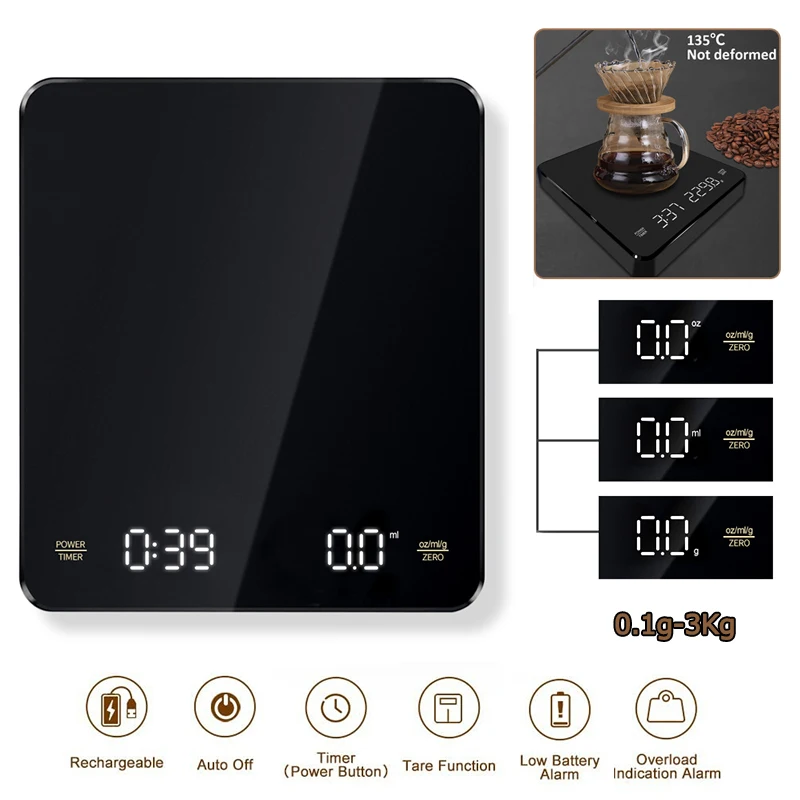 Coffee Electronic Scales Pour Over Espresso 3kg 0.1g LED Auto Timer Smart Kitchen Scale Built-in Battery USB Charging