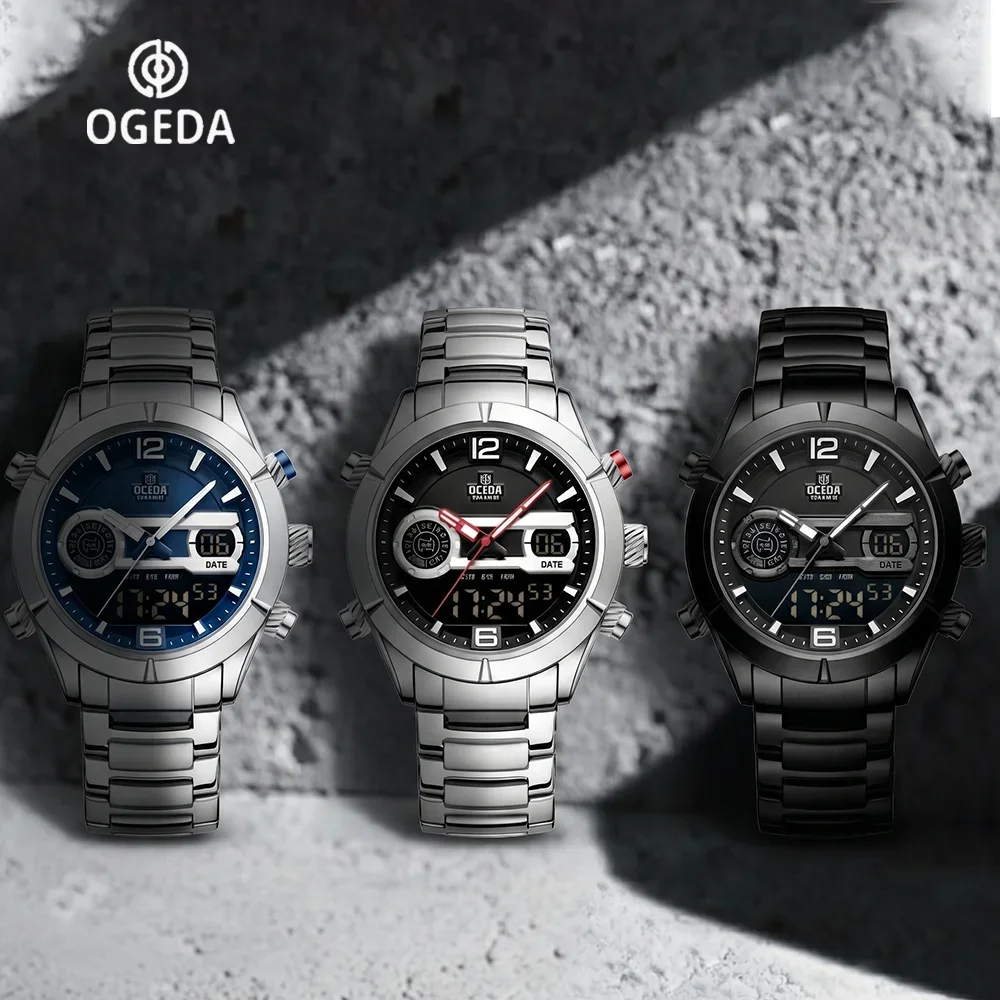 Фото Официальный магазин OGEDA: Новые мужские кварцевые часы 2026 года, роскошные деловые водонепроницаемые наручные часы из нержавеющей стали с люминесцентным циферблатом OGD7001 №2