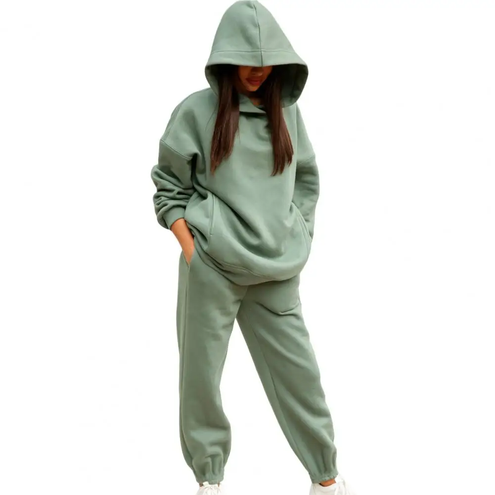 

2 Pcs/Set Stylish Pullover Winter Hoodie Pants Set Solid Color Elastic Cuff Deep Crotch Winter Hoodie Pants Set Keep Warm