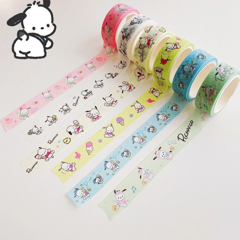 

6pcs Sanrio Kawaii Pochacco and Paper Tape Student Stationery Cartoon Handbook DIY Clip Sticker Decorative Tape Office Supplies