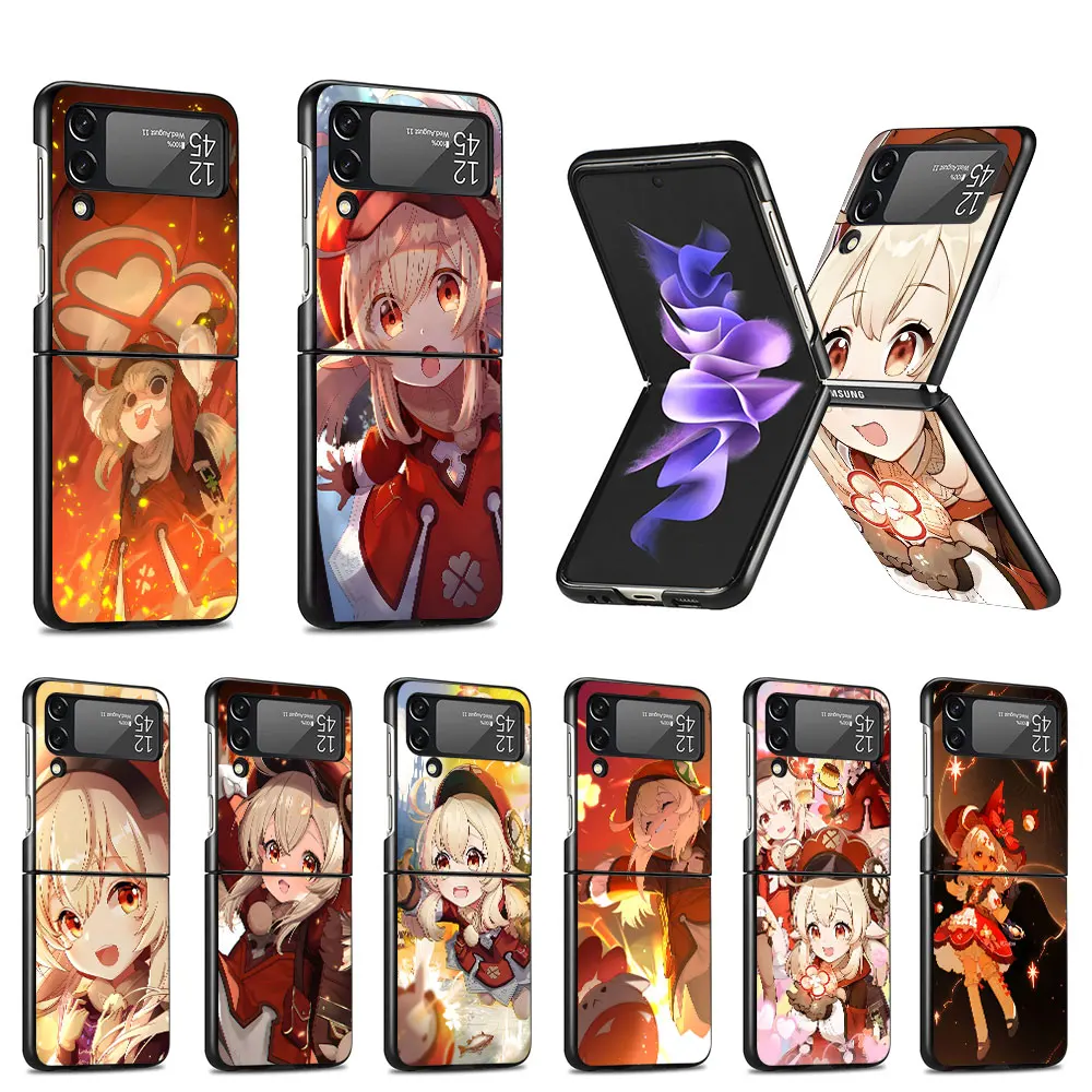 Ударопрочный чехол Klee Genshin для Samsung Galaxy Z Flip 4 3 5G черный сотового телефона Flip4 Flip3