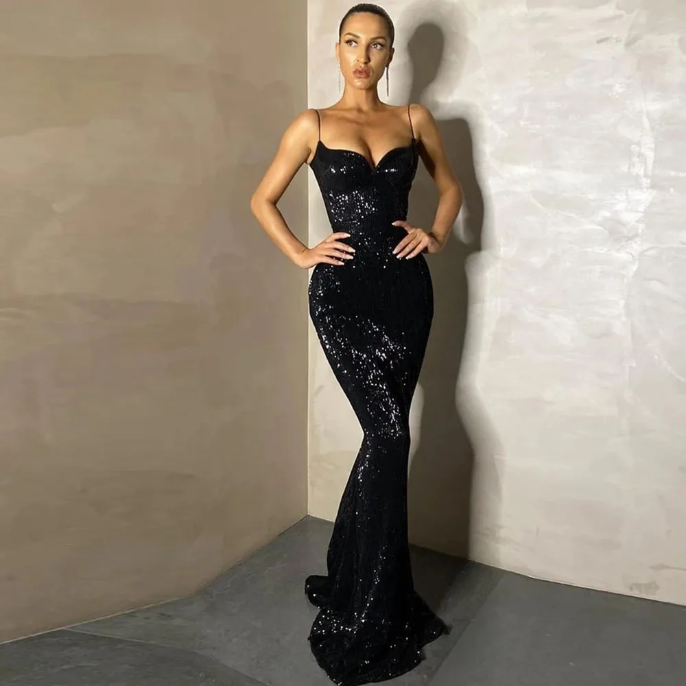 

Black Spaghettti Strap Sequined Evening Dresses Sexy Mermaid Floor Length Beading Wedding Guest Gowns Deep V Neck فستان سهرة