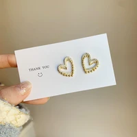2021 new simple shiny zicron hollow double layers heart stud earrings for women students elegant cute boucle doreille jewelry