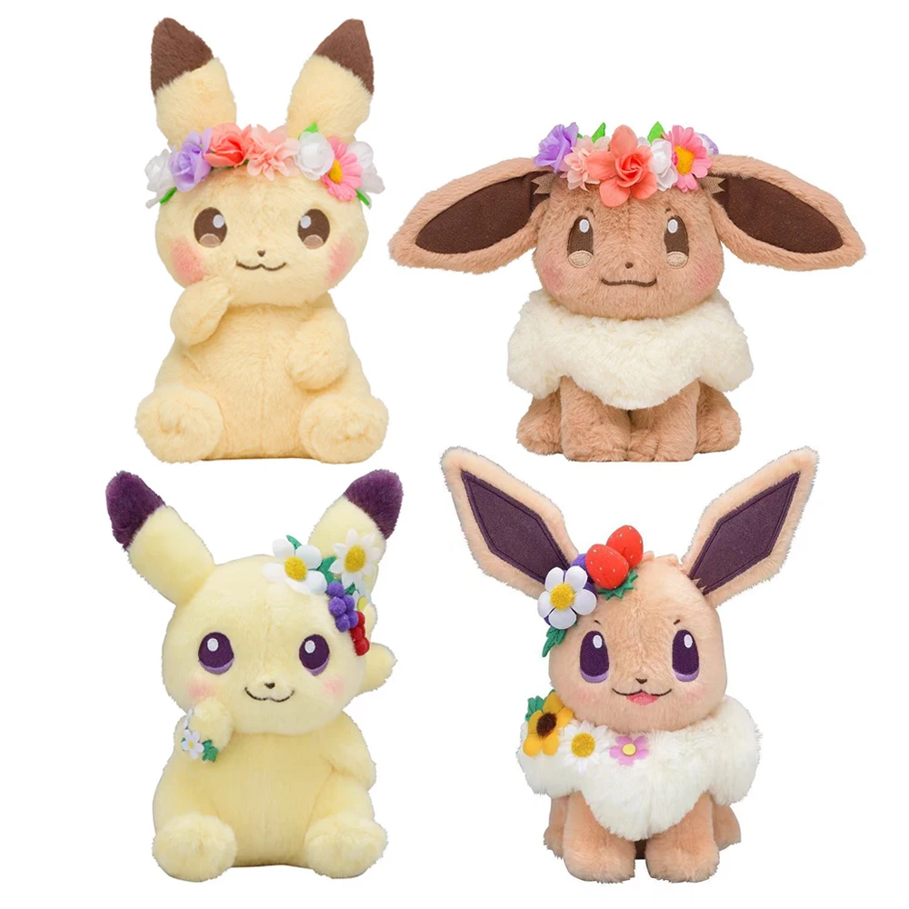 Easter Spring Festival Pokemon Plush Toys Pikachu Eevee Stuffed Toy Kawaii Flower Corolla Elf Peluche Doll Kid Birthday Gift