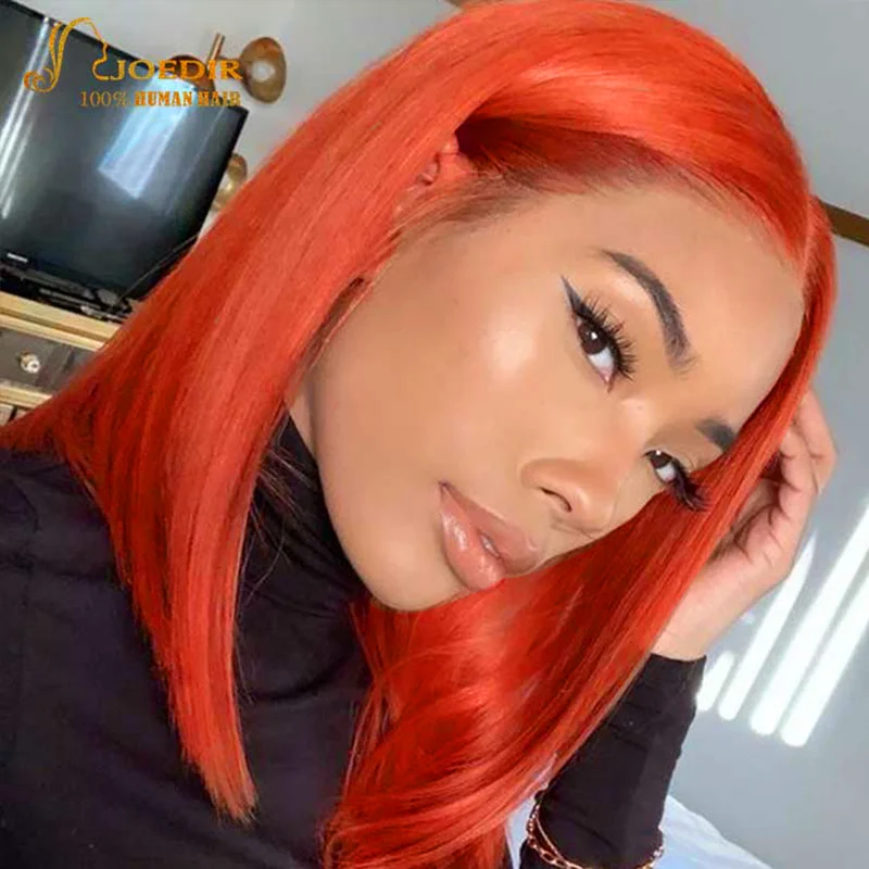 

Ginger Orange Colored 4x4 Lace Frontal Wig Short Straight Bob Cut Lace Front Human Hair Wigs Preplucked Natural Brazilian Pixie