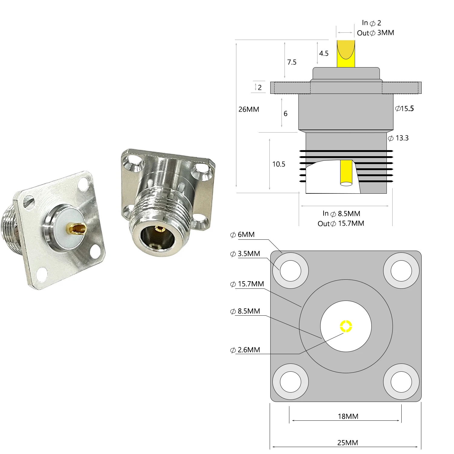 

1pc N Type Female Jack RF Coaxial Connector 4-hole Panel Mount Chassis with Solder Cup Welding Terminal