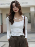 2022 t shirt women tops cotton long sleeve bandage shirring tees shirts femme square collar solid black white casual top