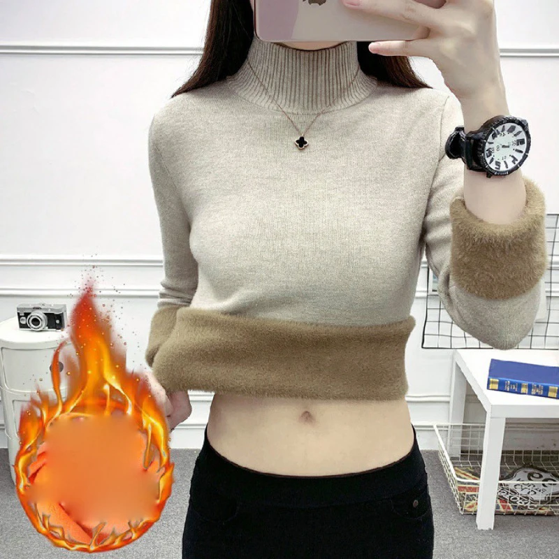 Зимняя одежда Женский плюшевый свитер облегающая теплая водолазка на флисовой