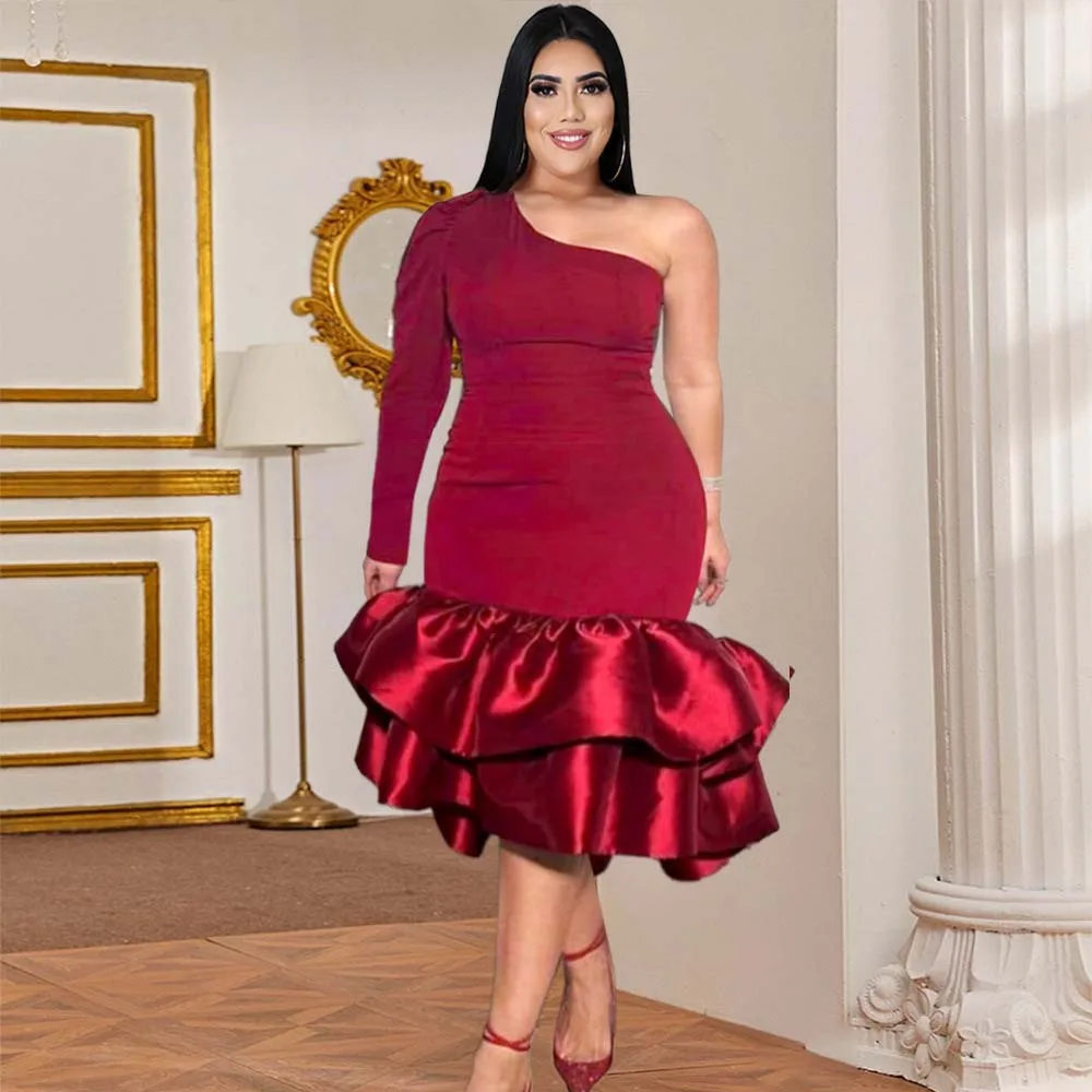 

Party Dress Long-sleeved One-shoulder Fishtail Skirt Sexy Package Hip Skirt Mid-length Ruffled Elegant Dress For Women 2022