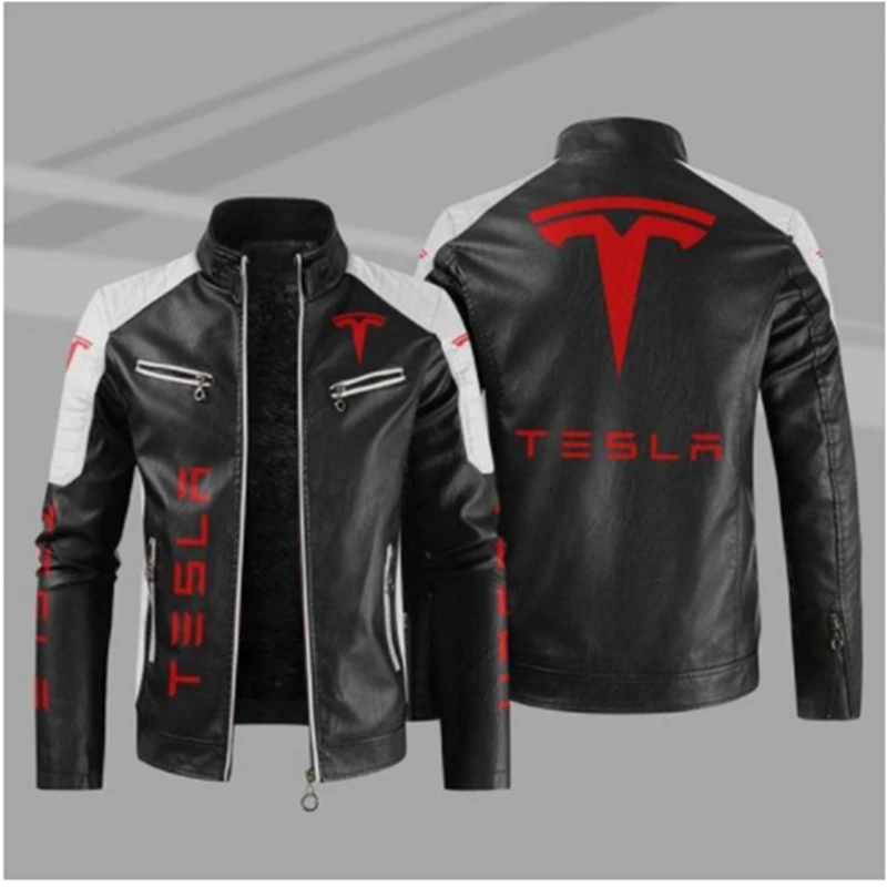 

New Men's PU Leather Winter Tesla Logo Fashion Motorcycle Bomber Zipper Long Sleeve Jacket Outwear Keep Warm Male Coat V