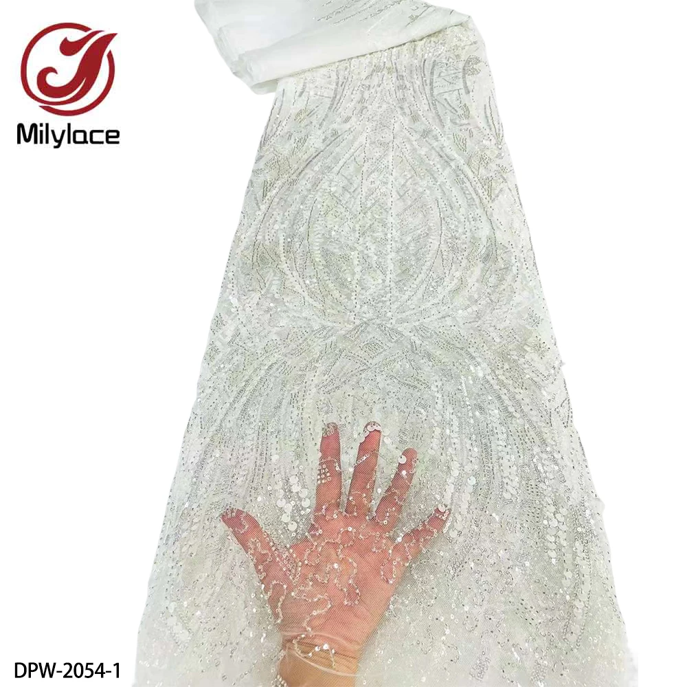 

Luxury Handmade Beads Lace Fabric with Sequins Latest Nigeria Embroidery Lace Net Tulle Fabric for Wedding Dress DPW-2054