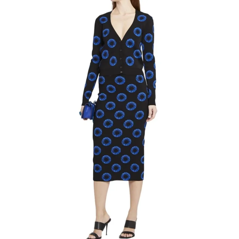 

Blue Circle Jacquard Knit Tank Dress + Cardigan 2023 Fall New Which Casual Skirt Suit Simple Versatile Stylish Formal Clothing