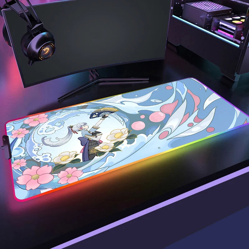 

Genshin Impact RGB Mousepad Gaming HD Print Game Otaku Mouse Mat With Backlit LED Mouse Pad LED Non-Slip Large Gamer Desk Mat