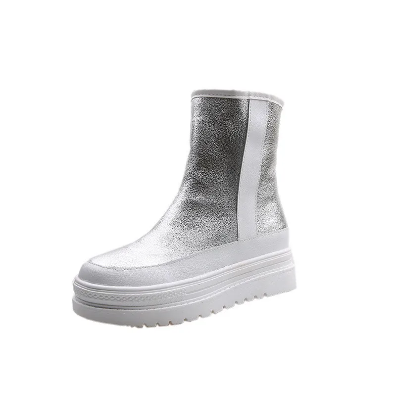 Snow Boots New Women's Winter Shoes Thick Sole Plaforms Ankle Boot Round Toe Thick Plush Warm Cotton Shoe Side Zip Silver Black